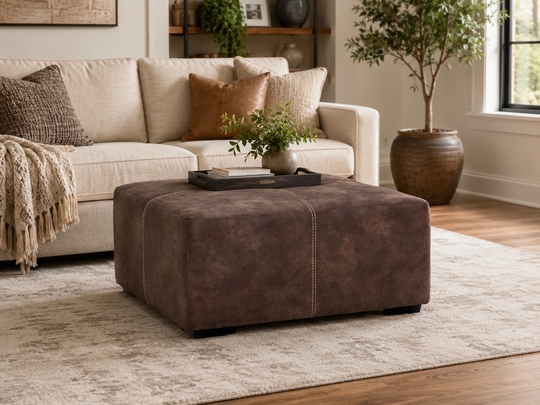 840 Teagan Rustic Brown Rectangular Upholstered Ottoman with Contrast Stitching