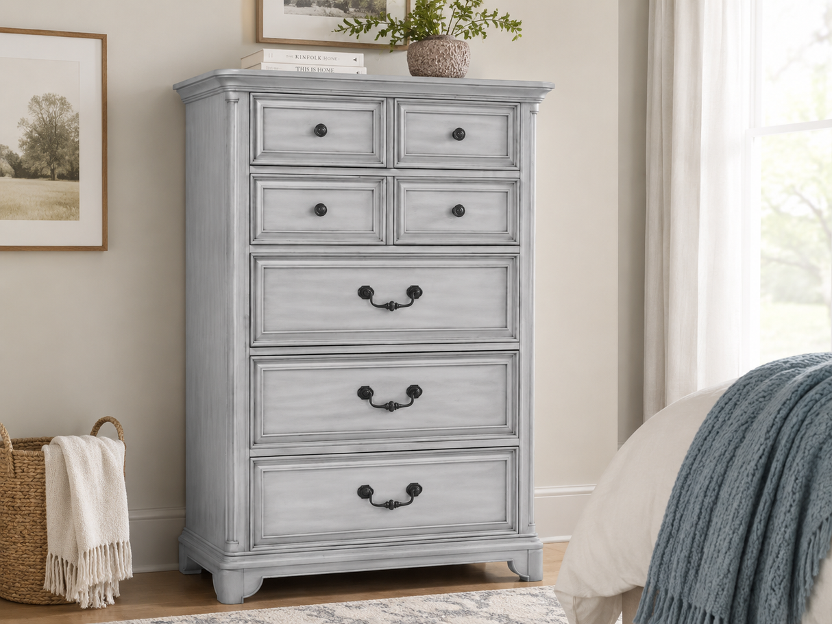 Farmhouse Antique White Chest – Tall 5-Drawer Storage with Felt-Lined Top Drawer & Antique Brass Hardware