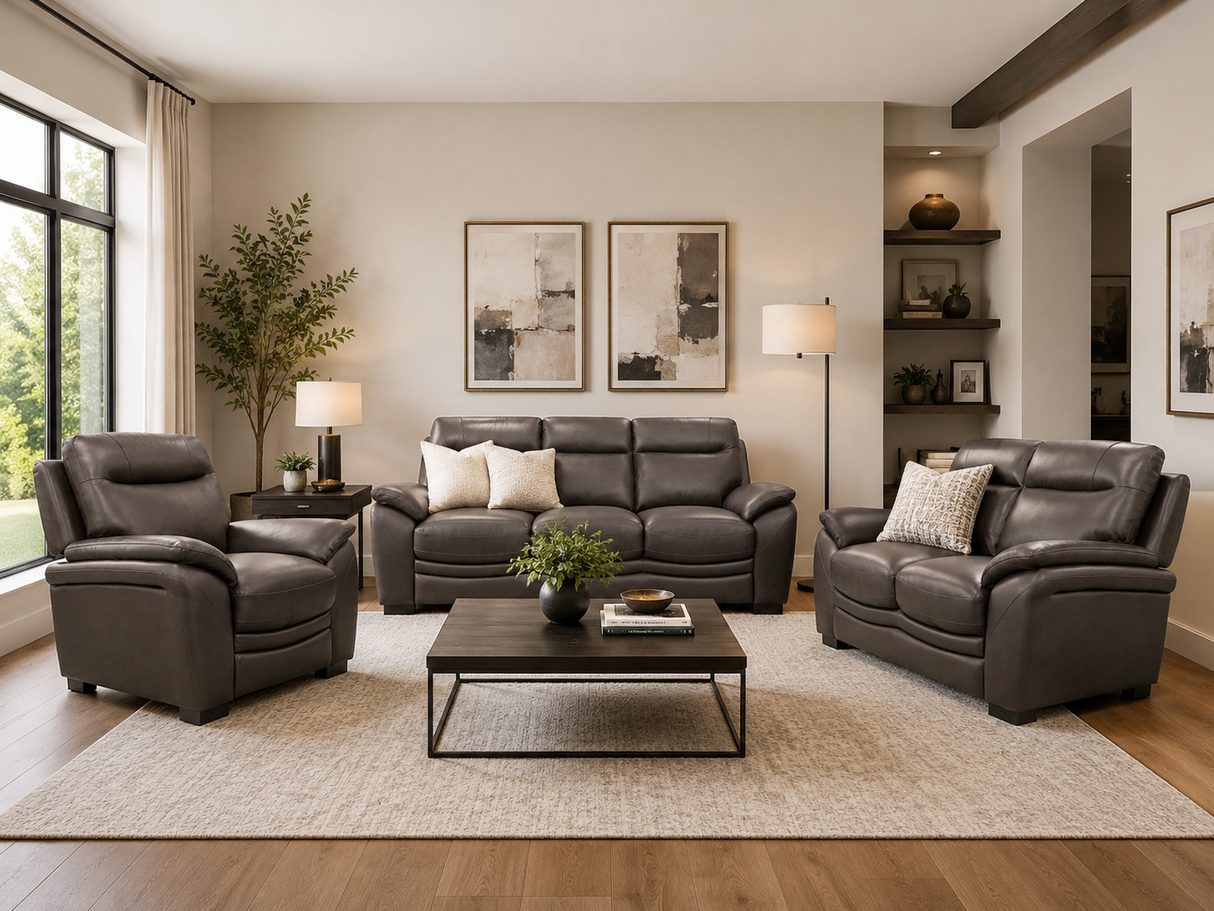 Dark Brown Top Grain Leather 3-Piece Living Room Set with Sofa, Loveseat & Chair
