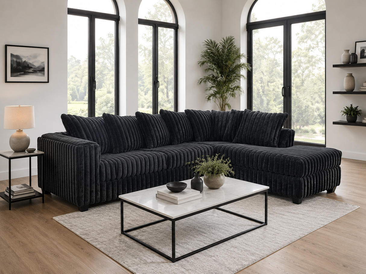 Modern Black Ribbed 2 Piece L-Shaped Sectional Sofa with LAF Sofa, RAF Chaise & Plush Channel Design