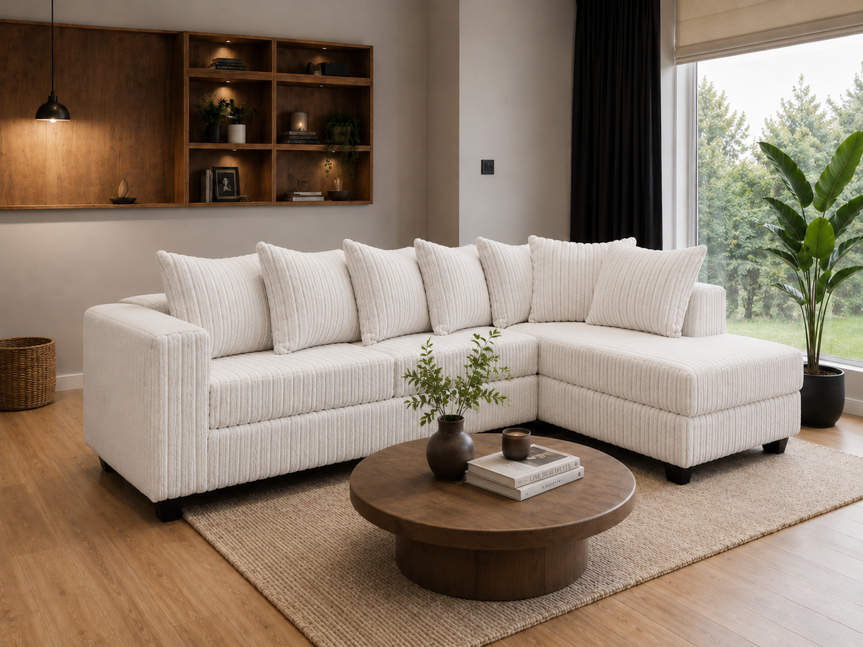 Modern Beige Ribbed 2 Piece L-Shaped Sectional Sofa with RAF Chaise