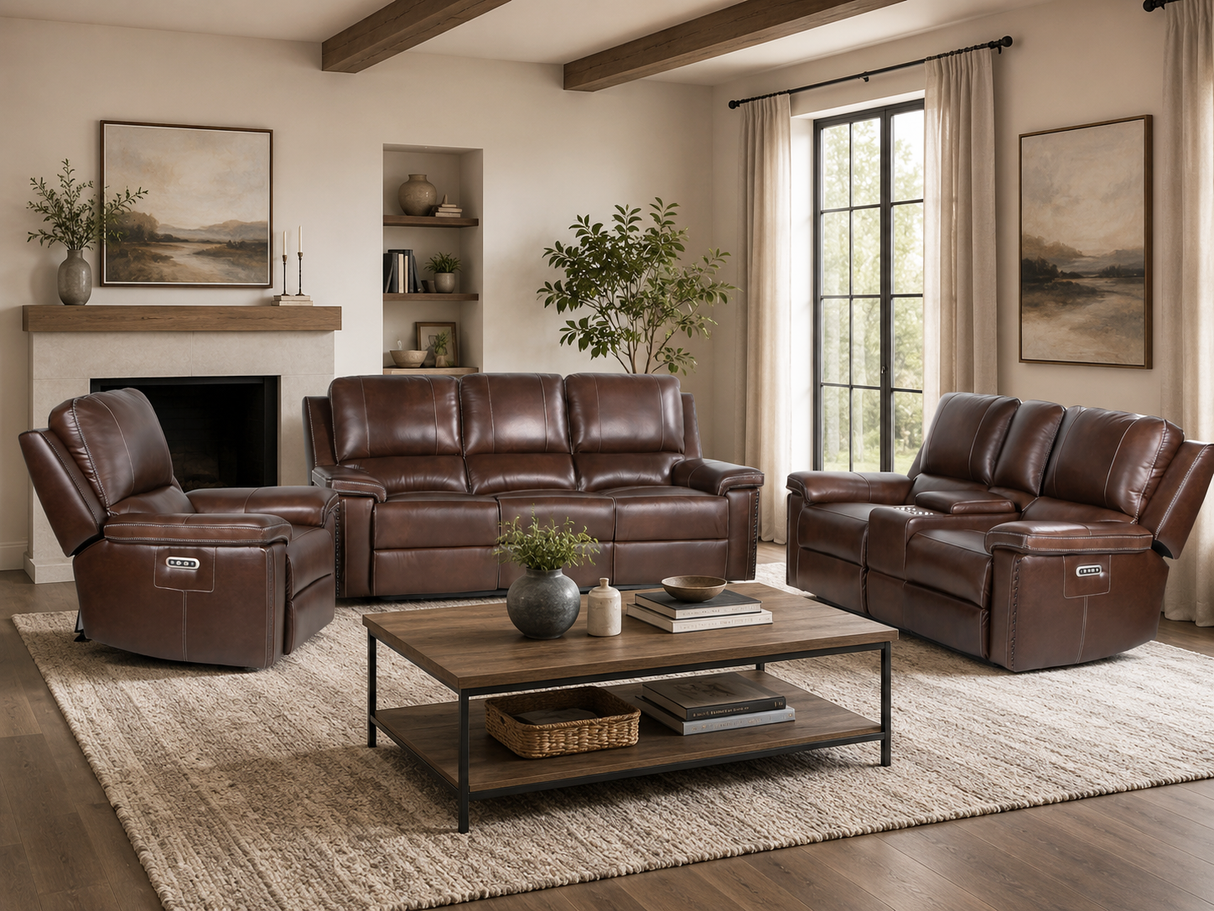 Chestnut Top Grain Leather Contemporary 3-Piece Dual Power Reclining Living Room Set with Console