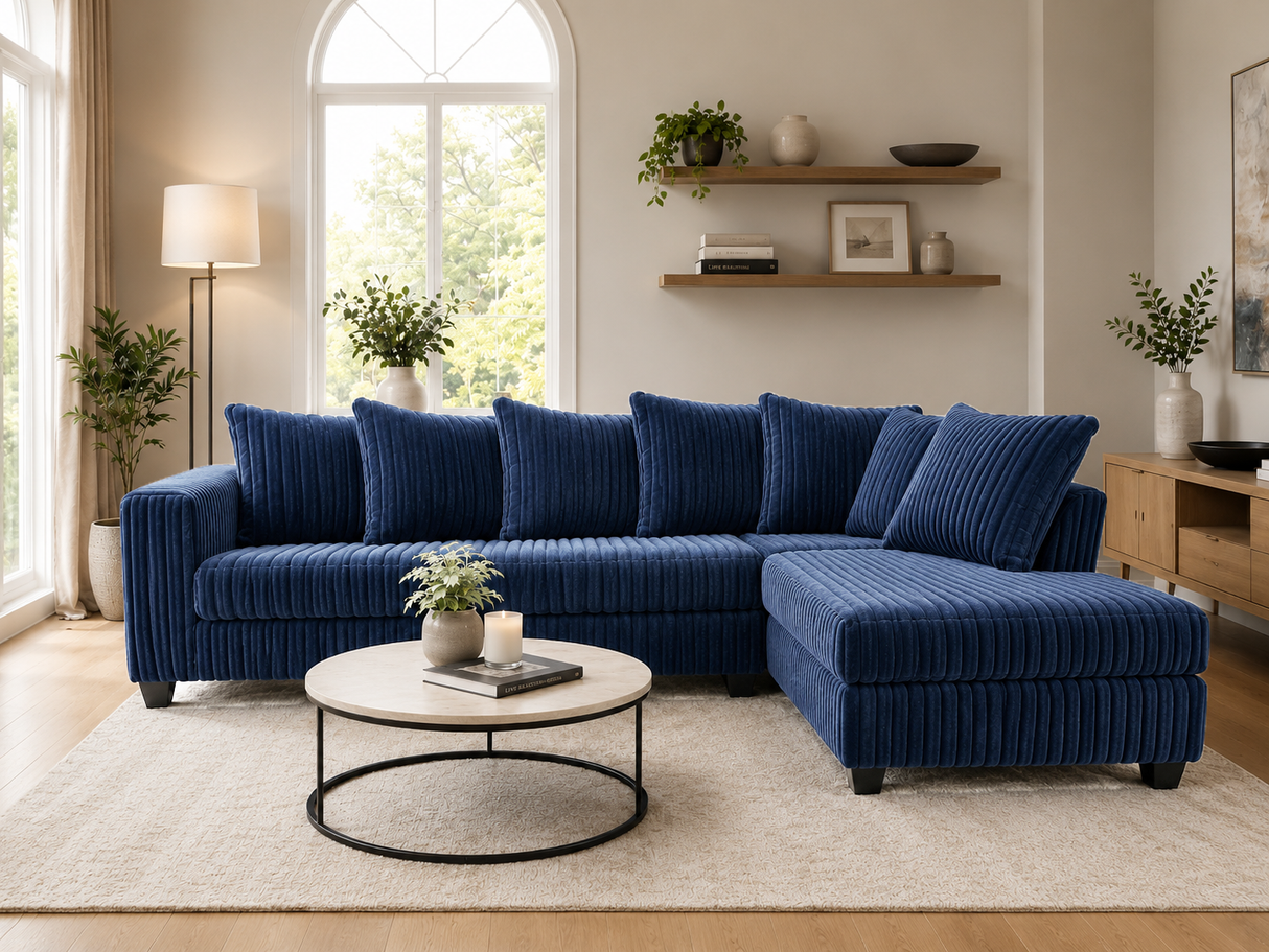 Navy Blue Ribbed 2-Piece Sectional with LAF Sofa and RAF Chaise