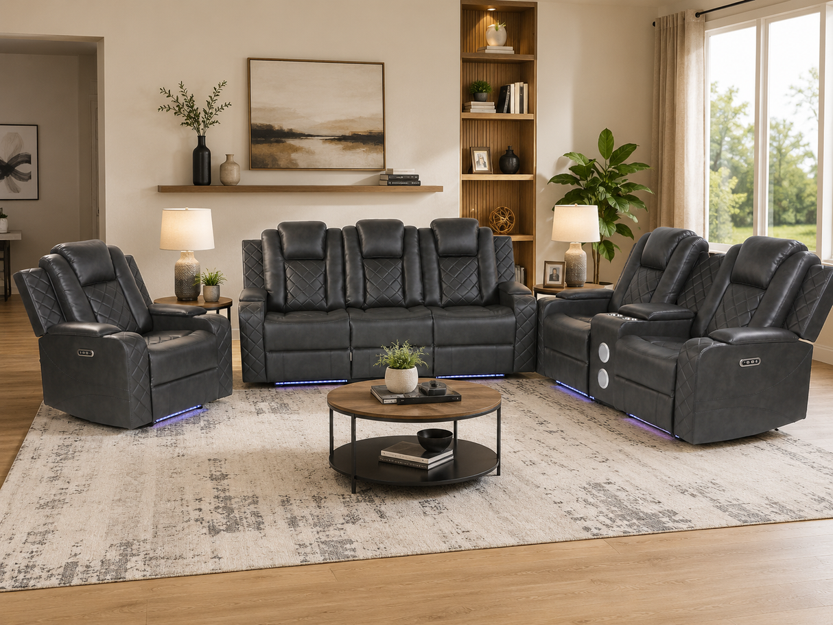 3-Piece Gray Power Reclining Living Room Set w/ Power Headrests, LED, USB & Bluetooth