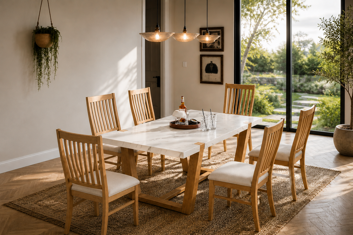 Light Brown 7-Piece Dining Set with Faux-Marble Top & Natural Oak Chairs