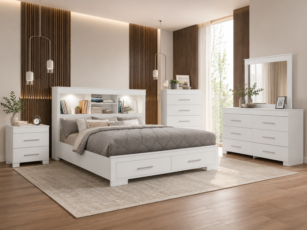 White LED Bookcase Storage Bedroom Set (Bed + Dresser + Mirror + Nightstand)