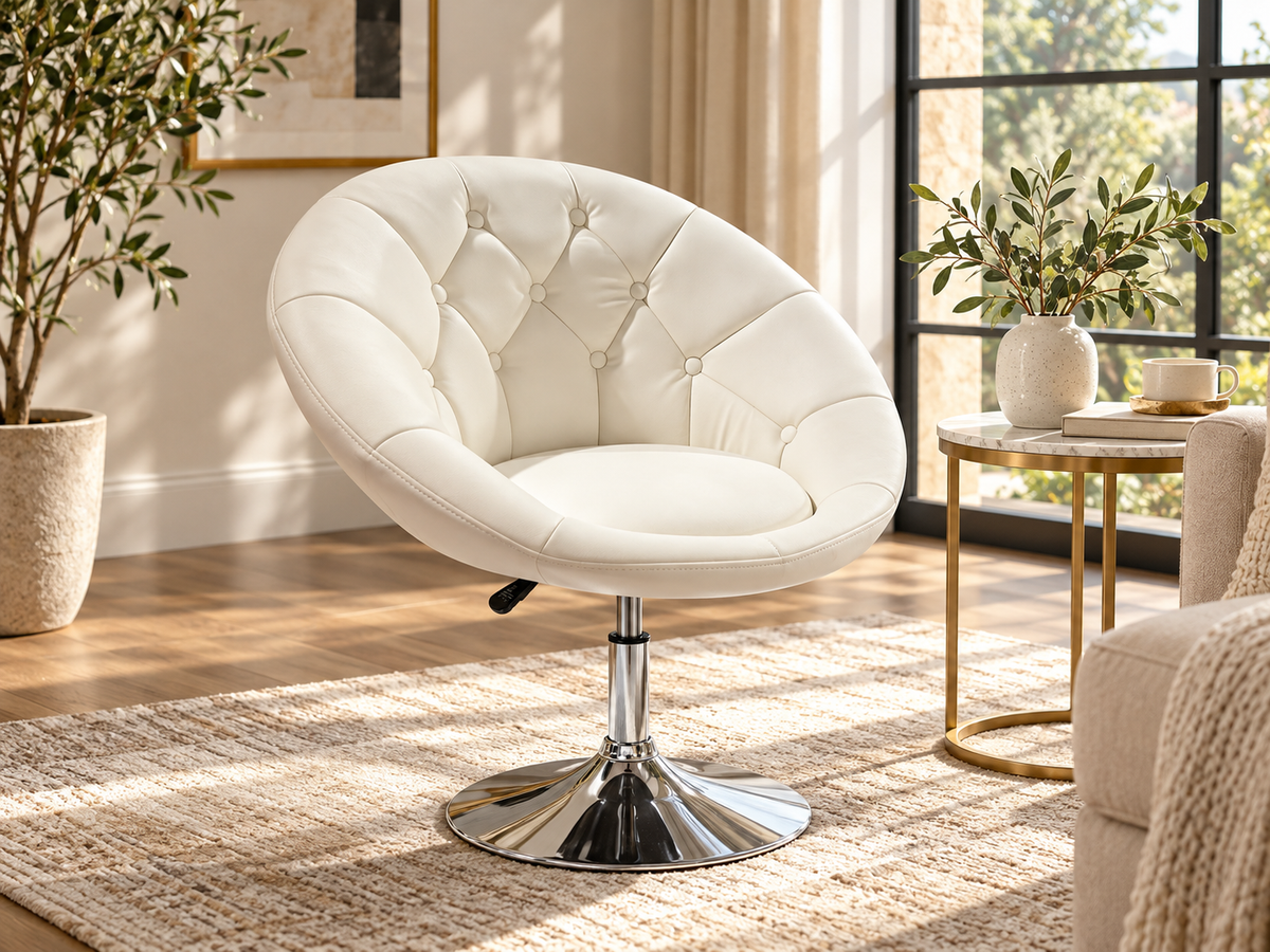White Height-Adjustable Swivel Chair with Button Tufting & Silver Base