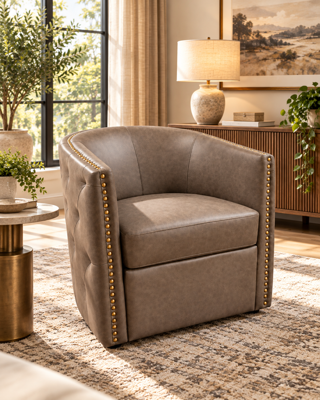 Taupe Brown Faux Leather Swivel Barrel Accent Chair with Brass-Tone Nailhead Trim