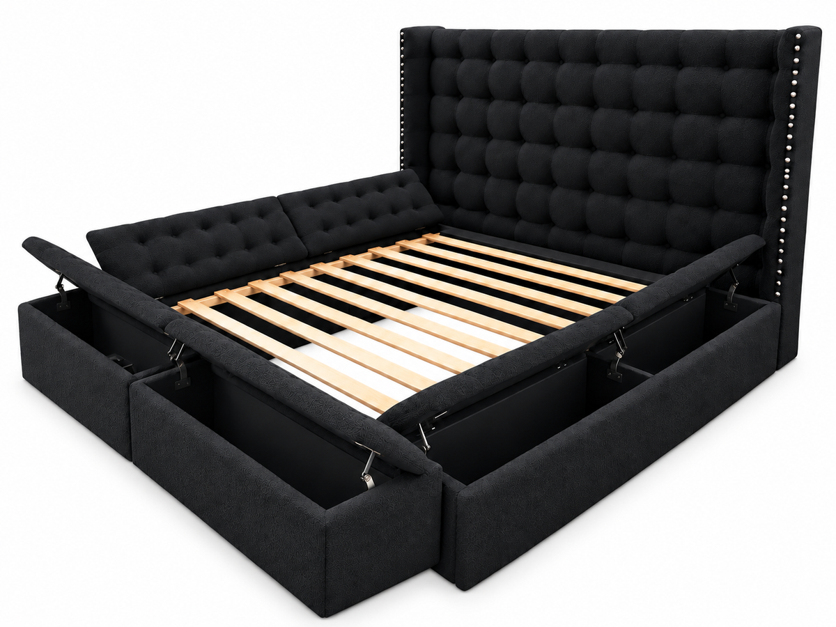 Black Bouclé Tufted Upholstered Storage Bed with USB