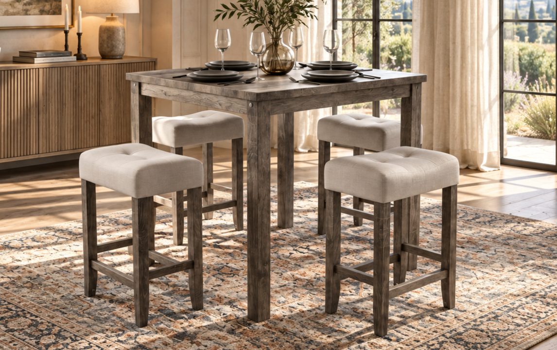 5-Piece Counter Height Dining Set with Beige Upholstered Stools