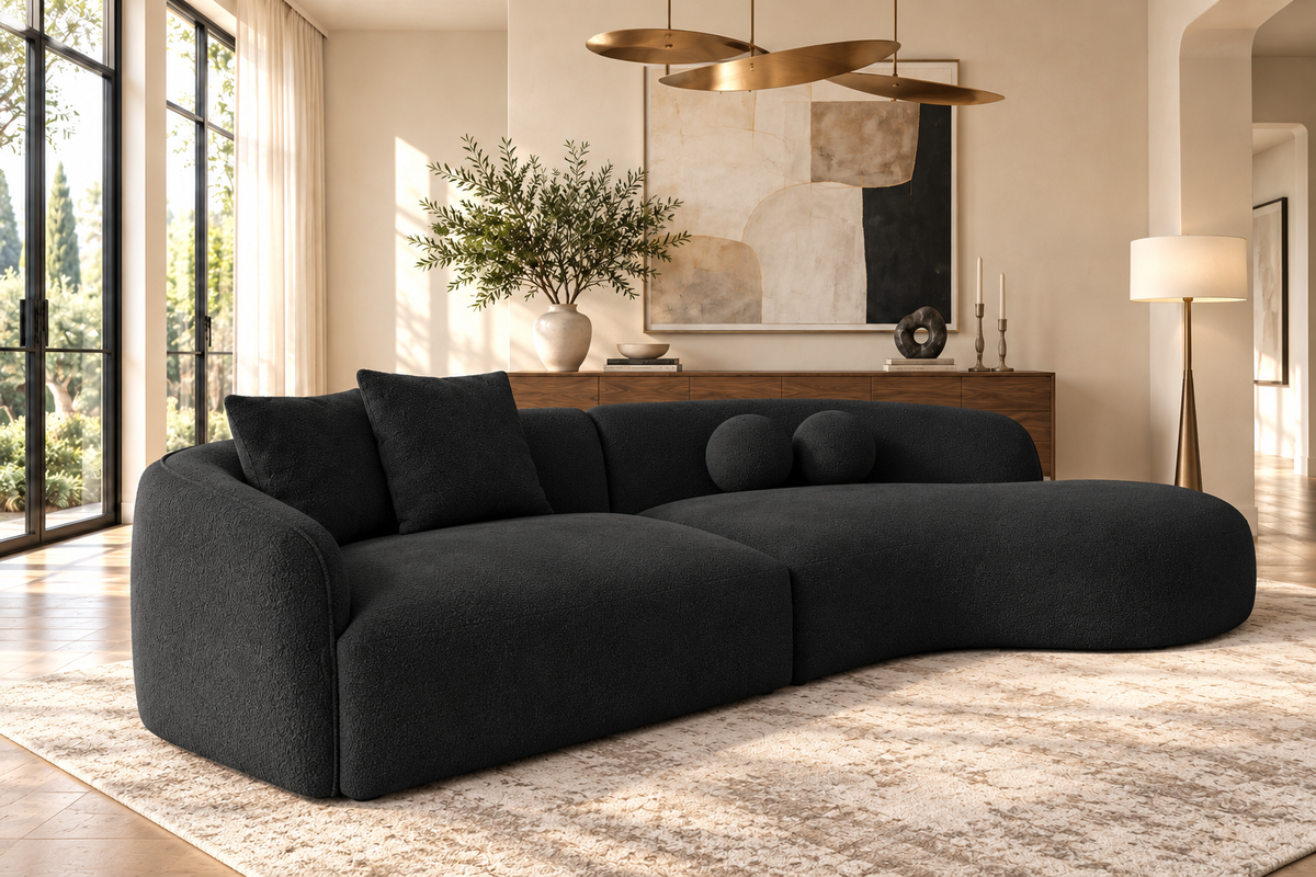 Modern Black Bouclé Curved Sectional Sofa with Chaise