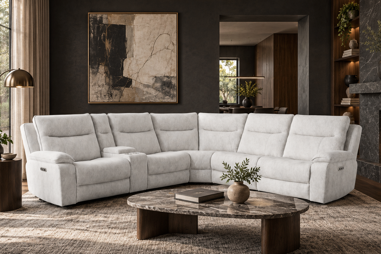 Cloud Ash Grey 6-Piece Fabric Power Reclining Sectional with Console