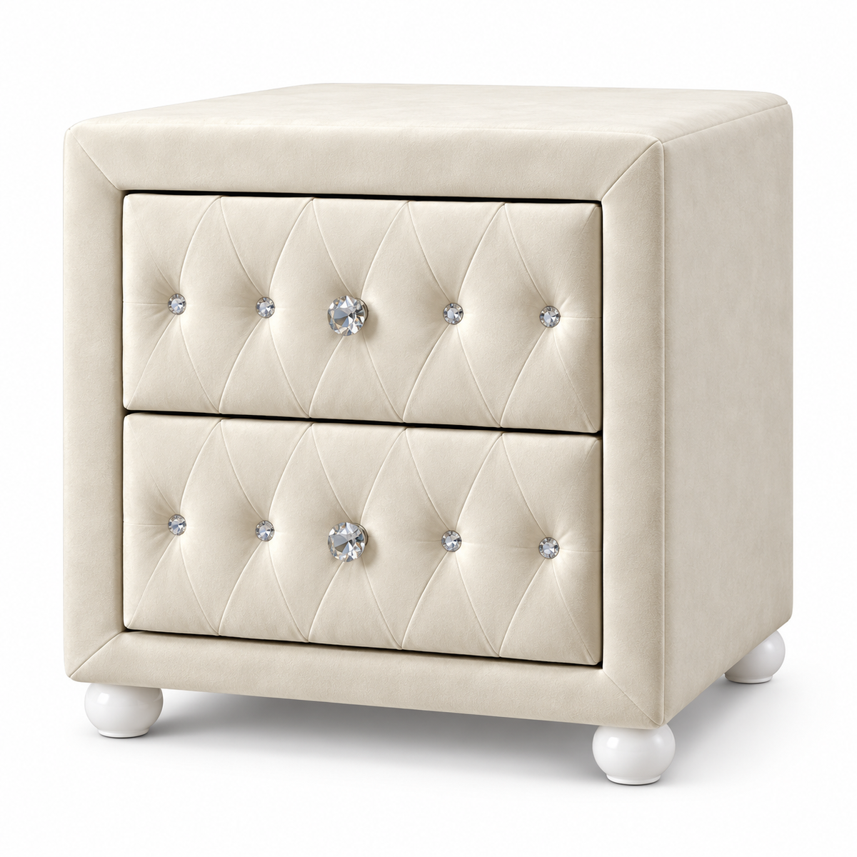 Cream Velvet 2-Drawer Nightstand with Diamond Tufting & Crystal-Look Knobs