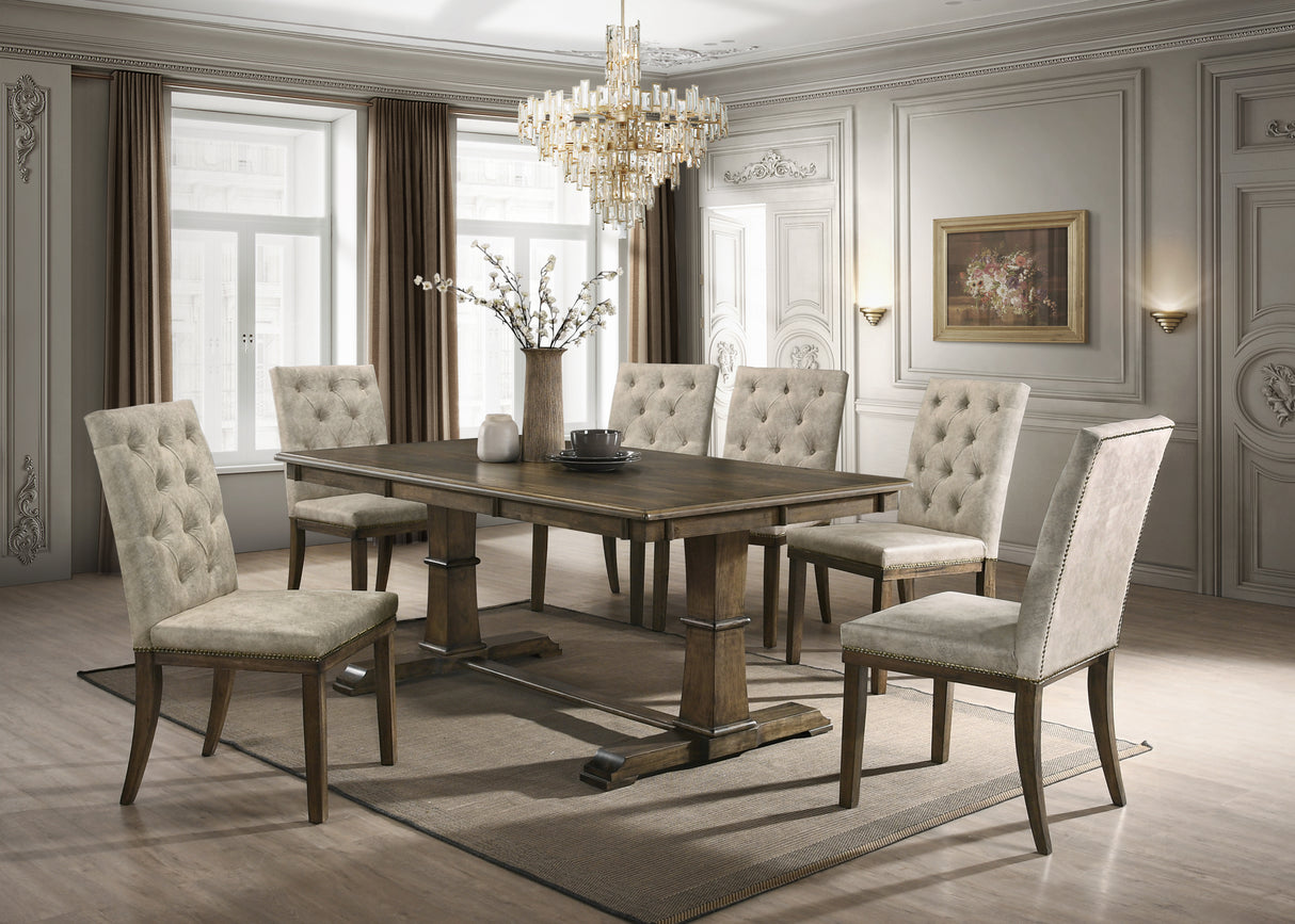 Traditional Brown Oak Rectangular Trestle 7 Piece Dining Set with Light Gray Tufted Chairs