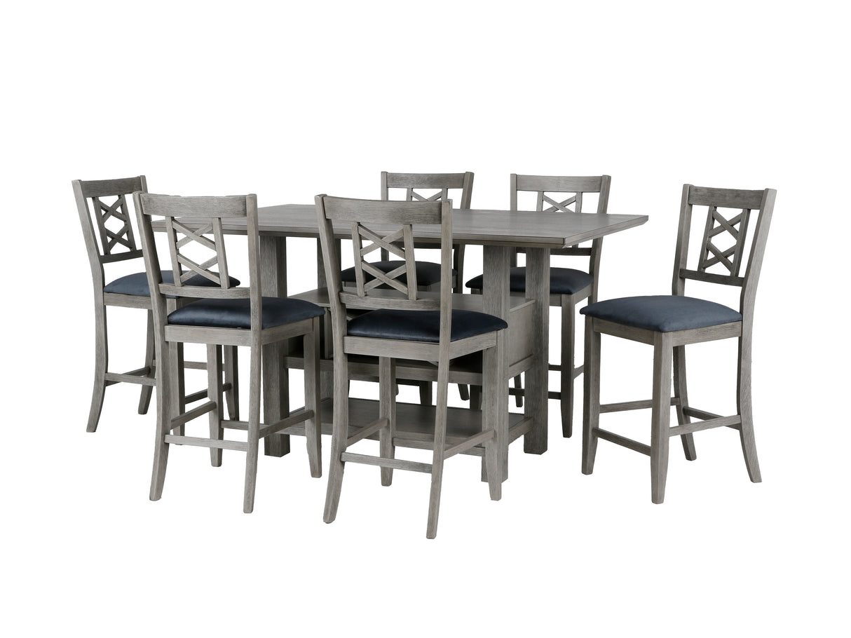 Gray Wood 7-Piece Counter Height Dining Set with Built-In Wine Rack & Storage Shelf