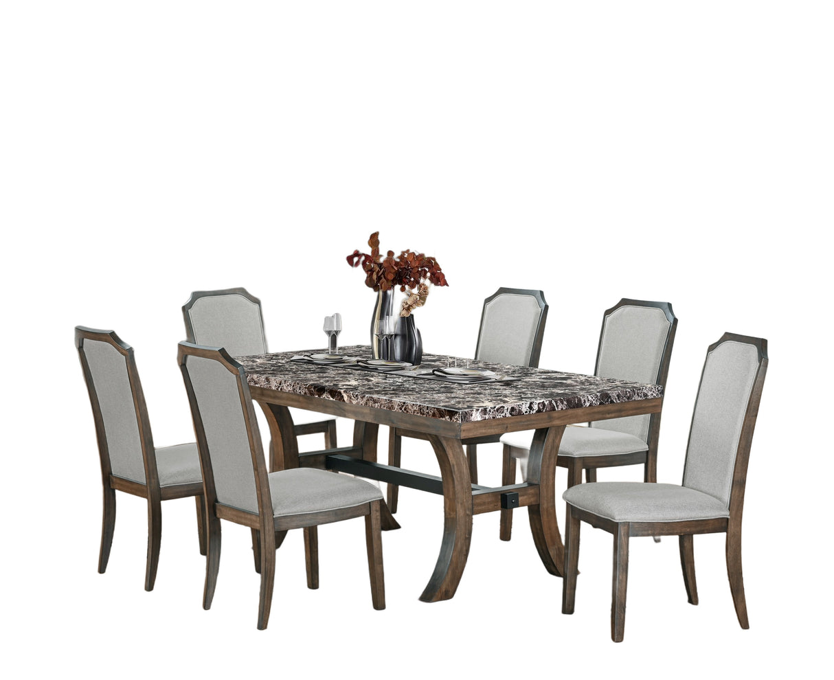 Dining table set with six chairs on a white background