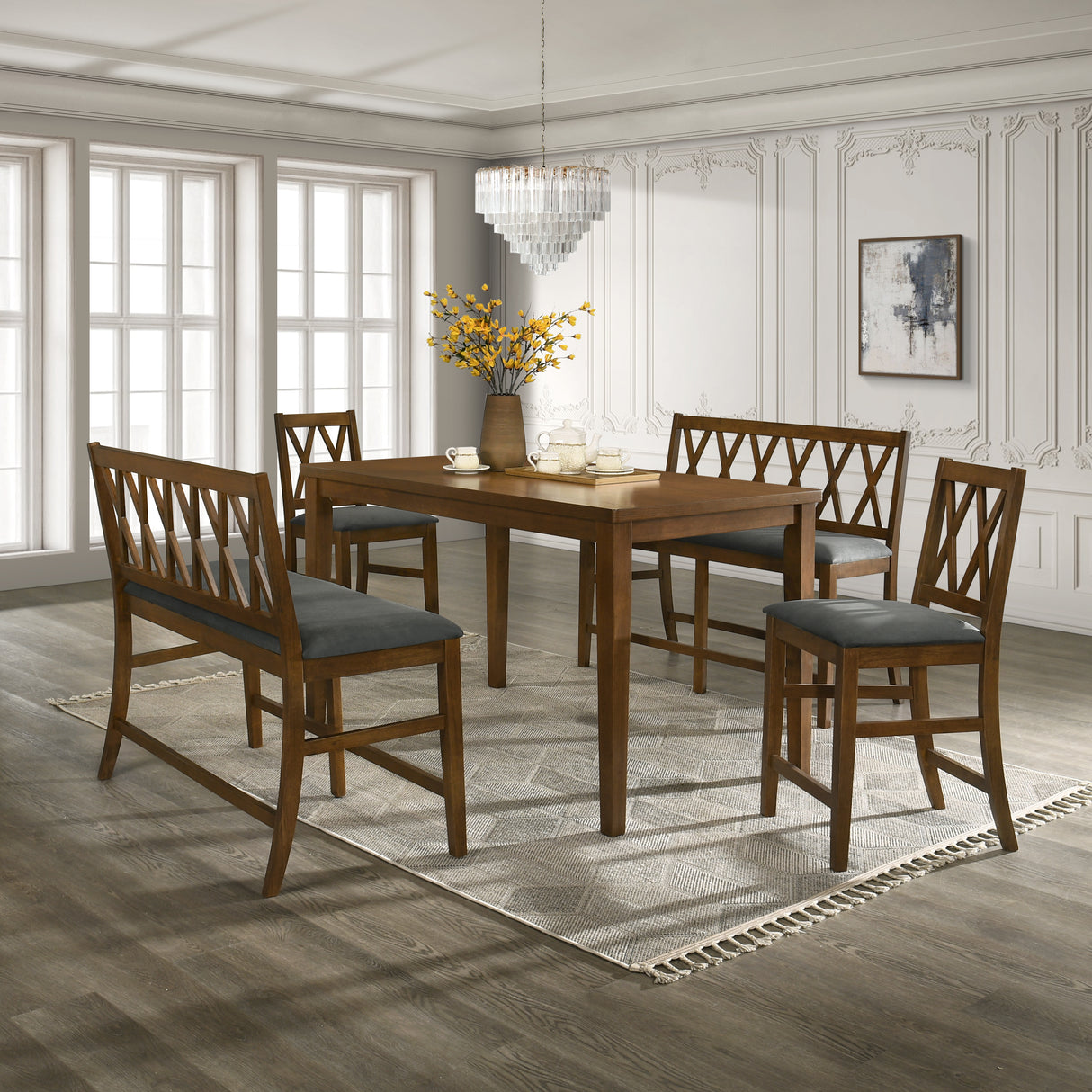5-Piece Counter Height Dining Set with Bench and Grey Cushioned Seats