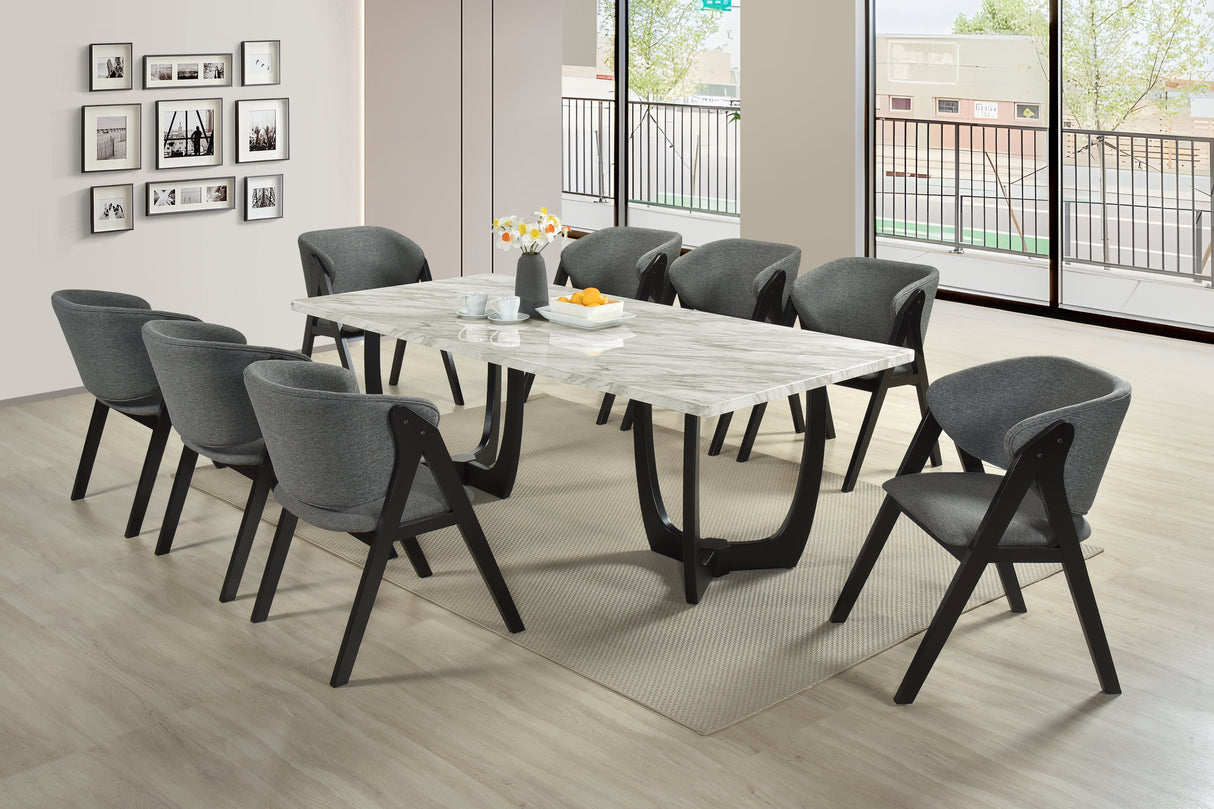 9 Piece Marble-Top Dining Set — Table + 8 Grey Upholstered Side Chairs