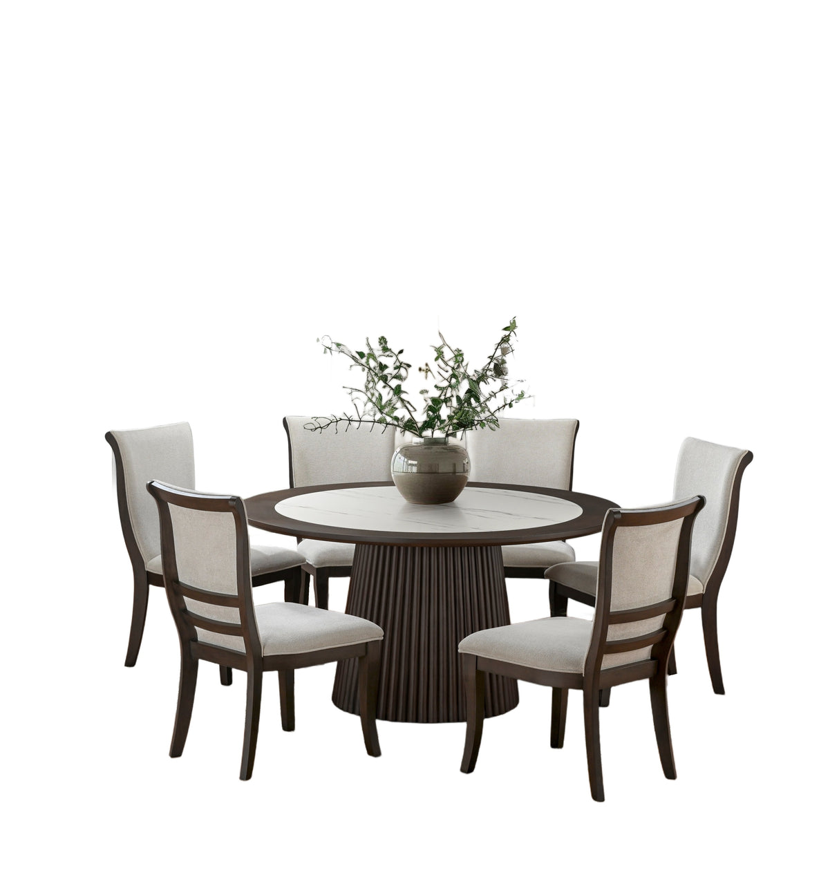 7 Piece Round Dining Table Set – Dark Walnut & Faux Marble
