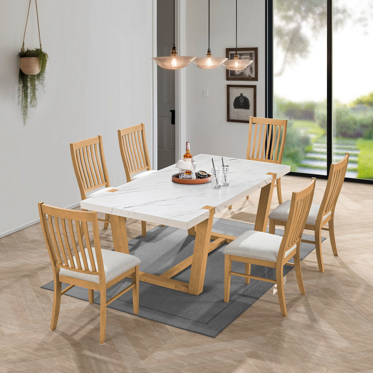 Light Brown 7-Piece Dining Set with Faux-Marble Top & Natural Oak Chairs