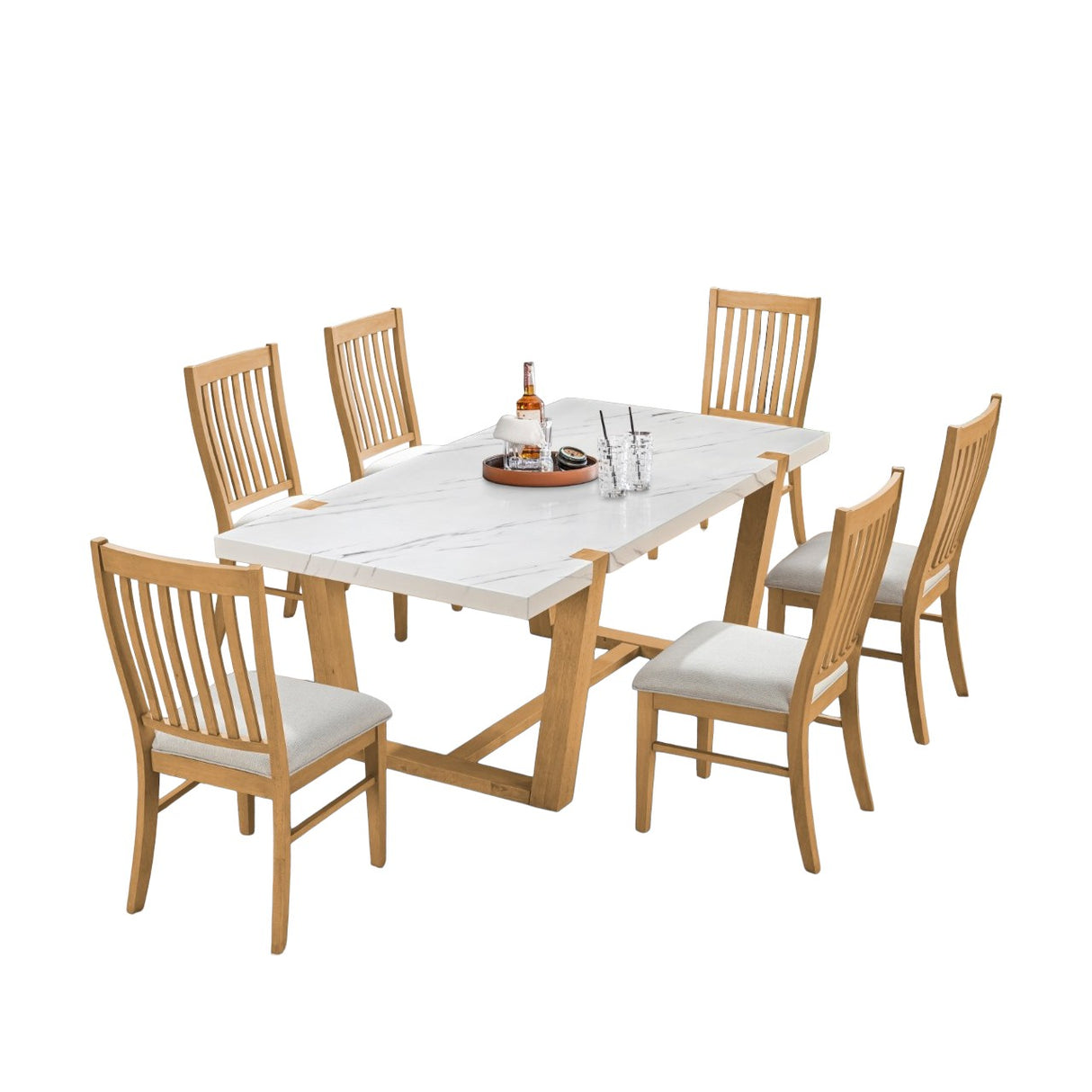 Light Brown 7-Piece Dining Set with Faux-Marble Top & Natural Oak Chairs