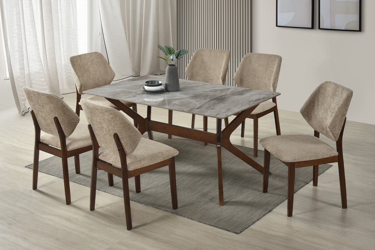 Modern 7-Piece Dining Room Set with Light Grey Top Table & Beige Upholstered Chairs