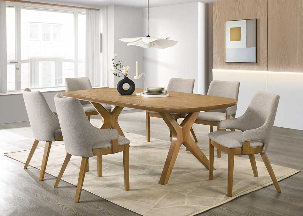 Oak Sculptural Trestle 7-Piece Dining Set with Latte Upholstered Chairs
