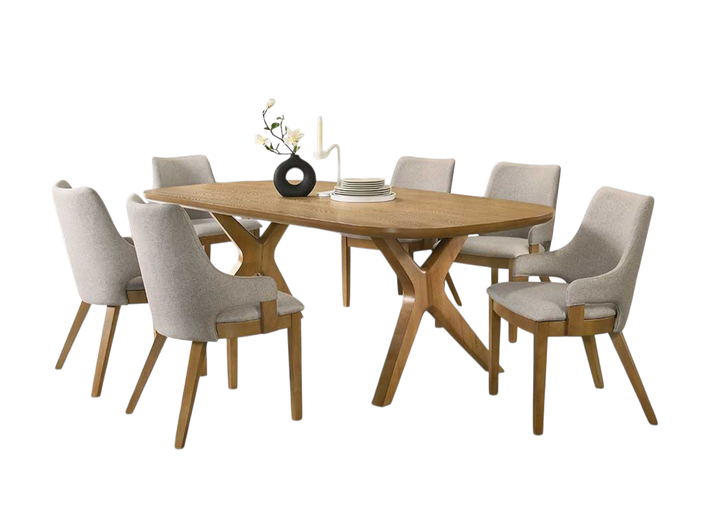 Oak Sculptural Trestle 7-Piece Dining Set with Latte Upholstered Chairs
