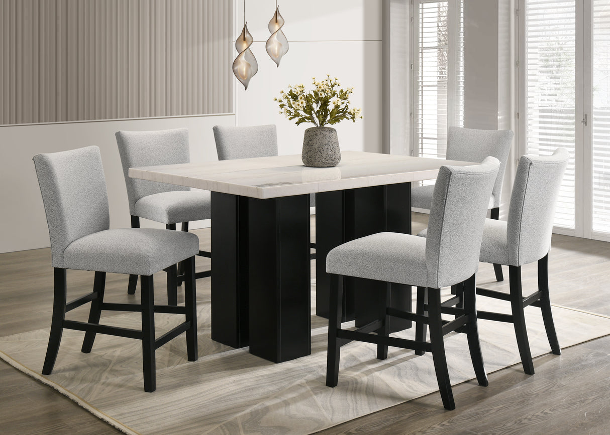 Contemporary Black & Gray 7-Piece Real Marble Top Dining Set with Upholstered Chairs