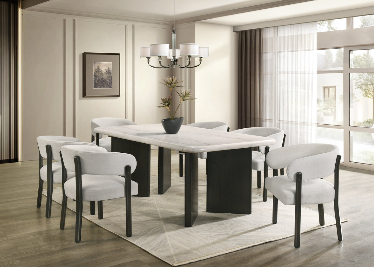 Dark Chocolate & Ivory 7-Piece Real Marble Dining Set with Curved-Back Upholstered Chairs