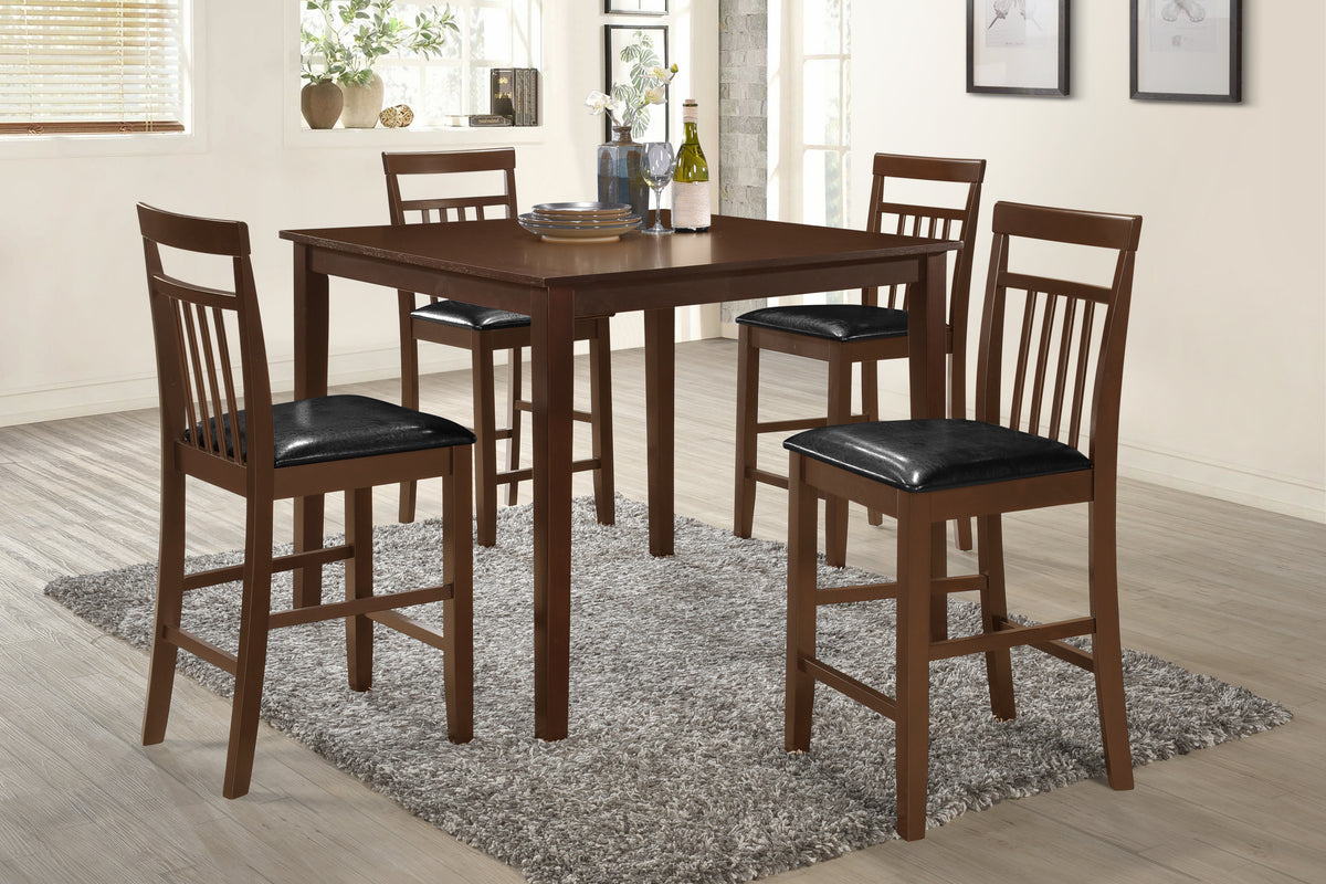 Espresso Brown 5-Piece Counter Height Dining Set with Square Table & Black Faux Leather Seats