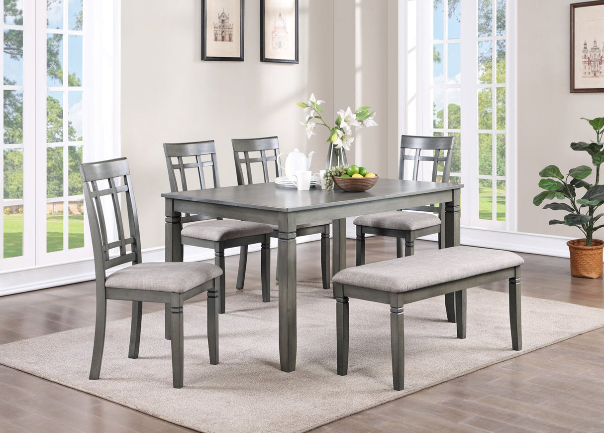 Transitional 6-Piece Dining Room Set with Bench & Upholstered Chairs (Gray)