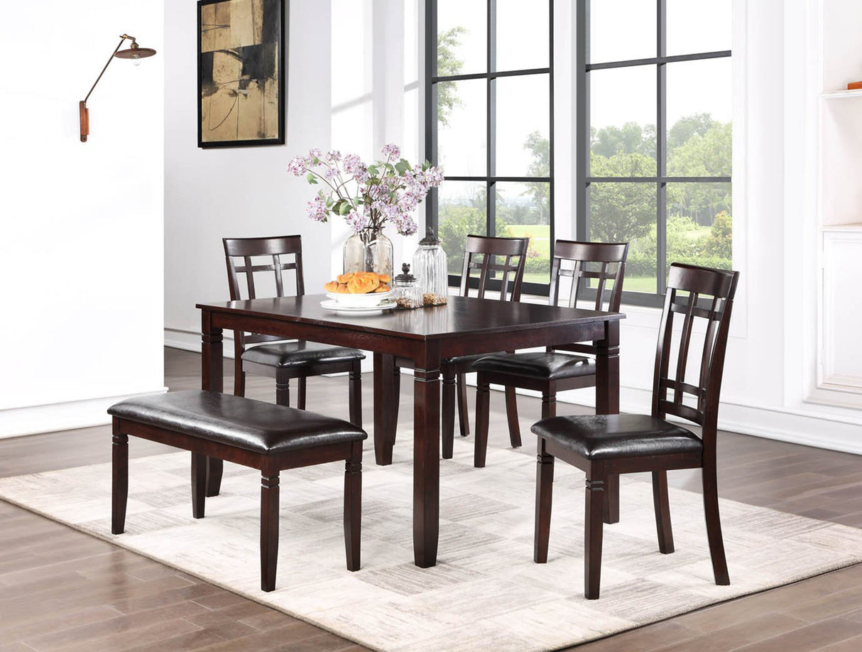 Transitional 6-Piece Dining Room Set with Bench & Upholstered Chairs (Espresso)