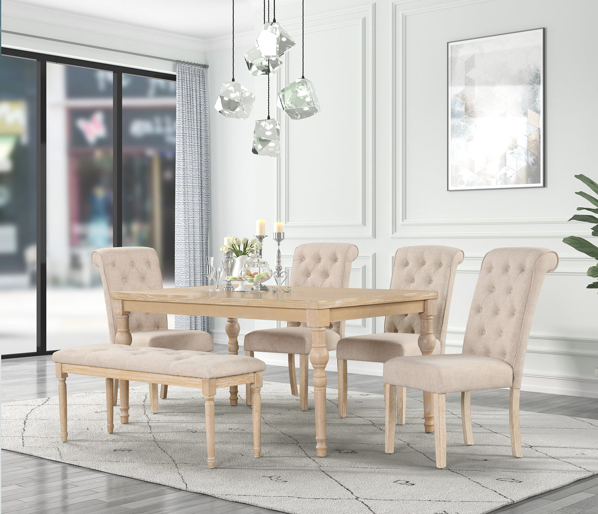 6 Piece Dining Table Set with Bench – Light Wood & Beige Upholstered Chairs by Mollai Collections | Bel Furniture