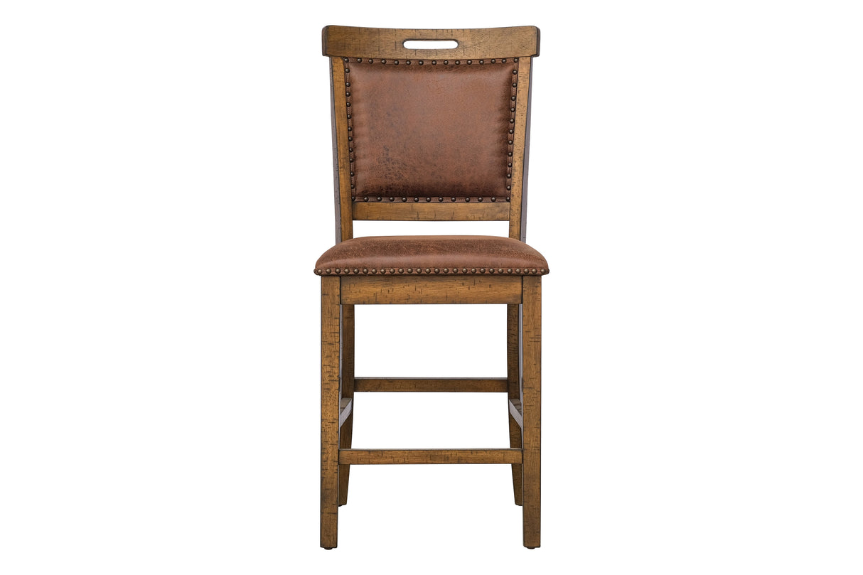 Rustic Counter Height 7-Piece Dining Set in Brown with Storage Pedestal Table and 6 Nailhead Upholstered Pub Chairs