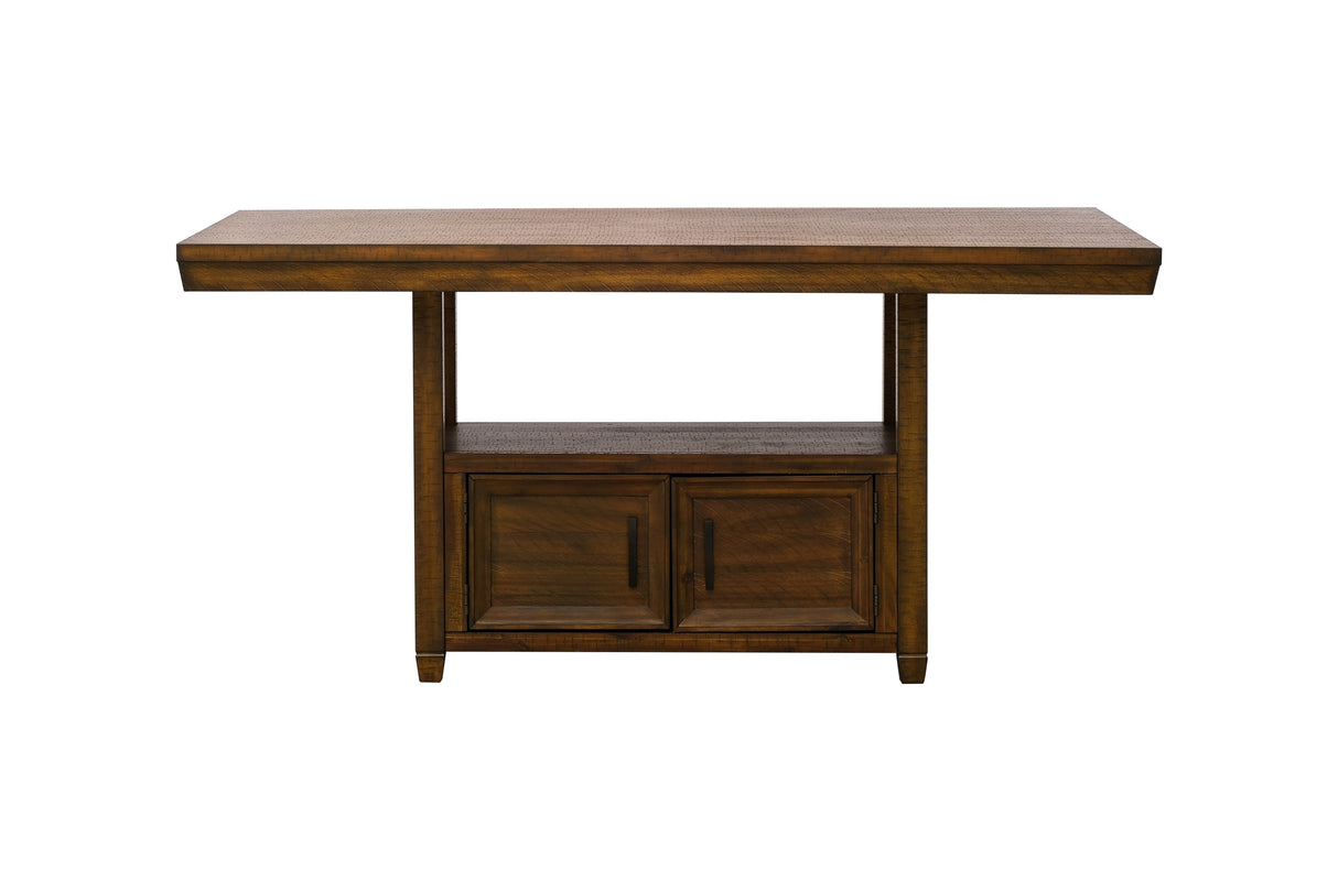 Rustic Counter Height 7-Piece Dining Set in Brown with Storage Pedestal Table and 6 Nailhead Upholstered Pub Chairs