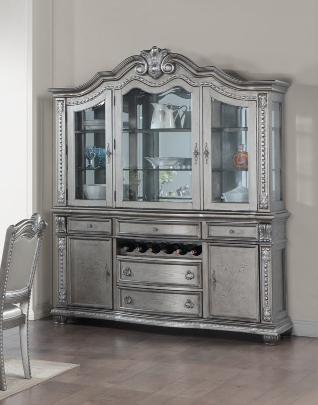 Grey Traditional Buffet & Hutch with LED Lighting & Wine Storage