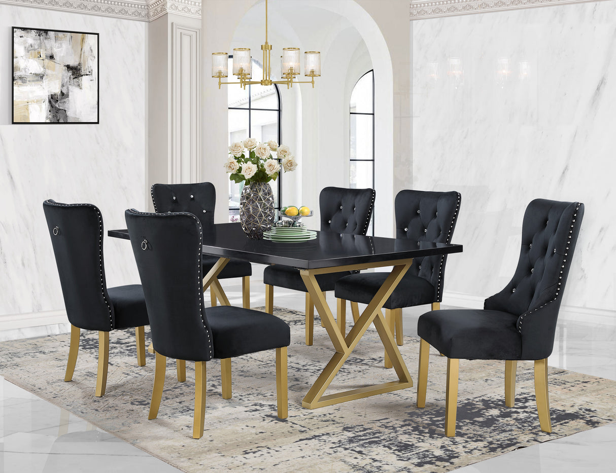 7-Piece Black Marble Dining Set with Steel Base and Velvet Chairs by Mollai Collections | Bel Furniture