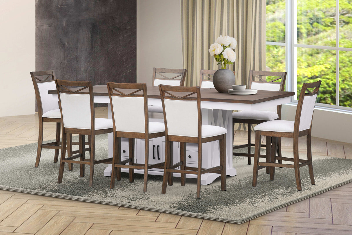 9 Piece Farmhouse White & Walnut Counter Height Dining Set with Storage by Mollai Collections | Bel Furniture