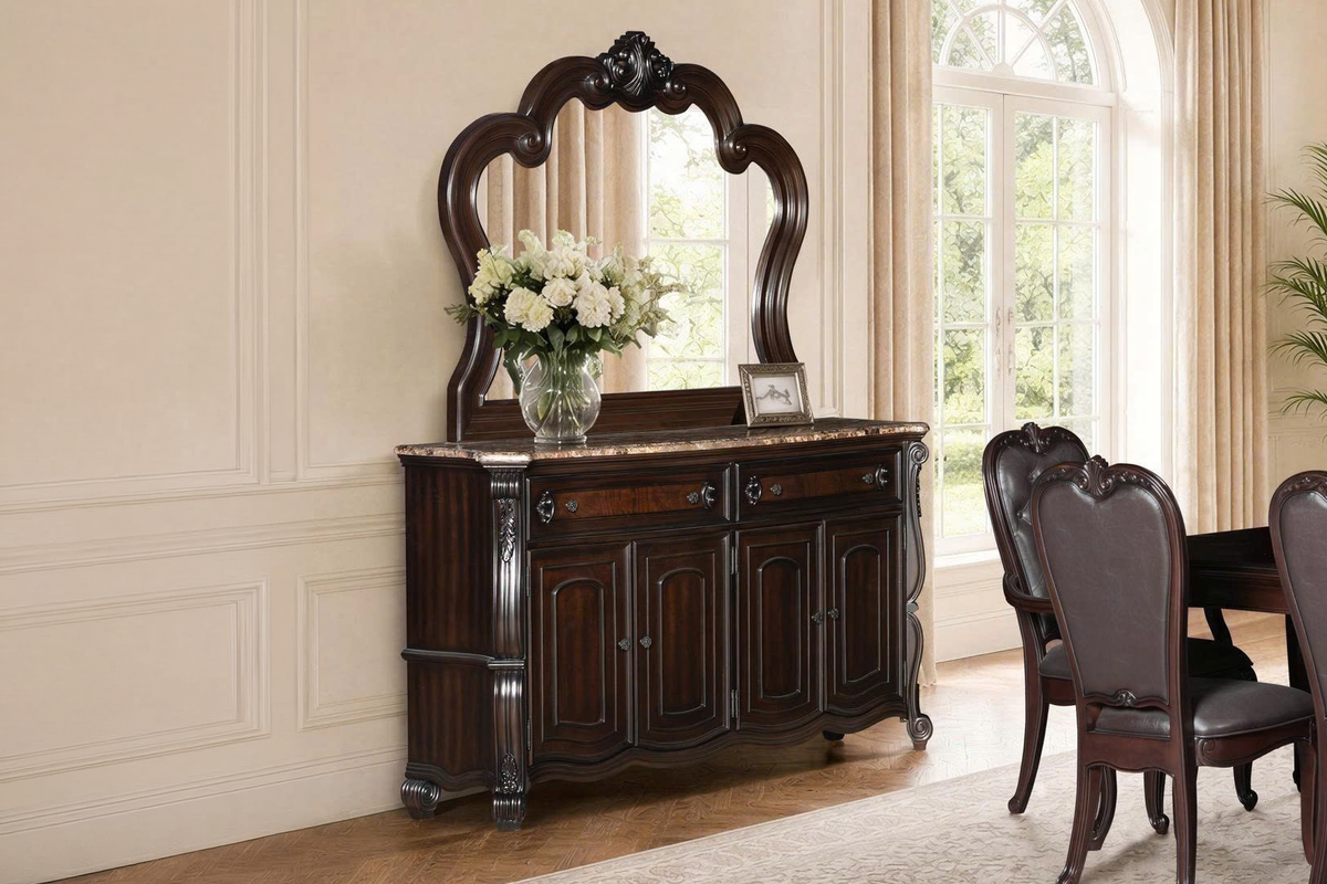 Traditional Cherry Marble-Top Sideboard with Ornate Mirror