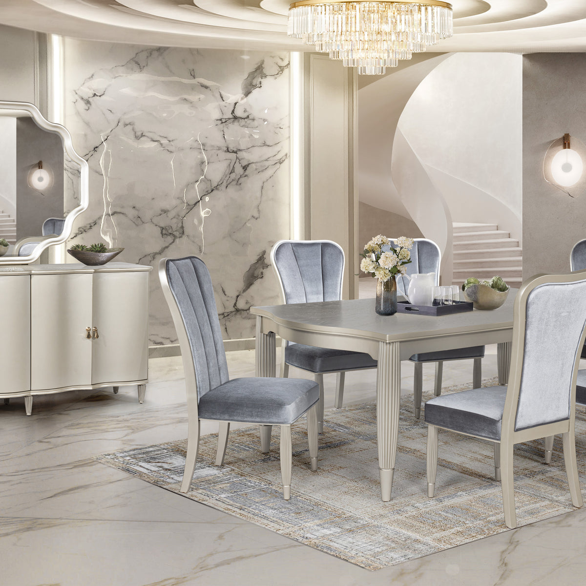 7-Pc Glam Dining Set – Champagne Silver (Table + 6) | Bel Furniture