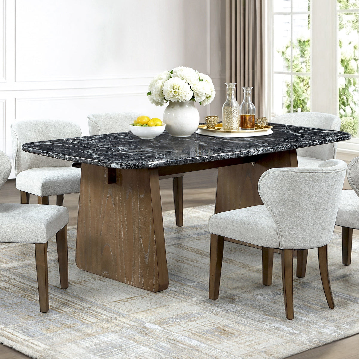 Dark Walnut Dining Room Set with Marble-Look Table | Bel Furniture