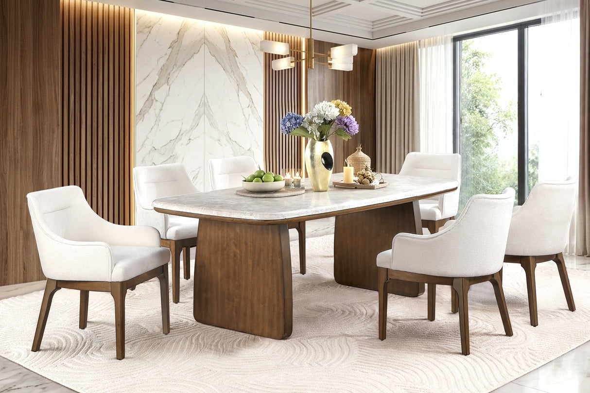 Contemporary Walnut Brown & Light Beige 7-Piece Dining Room Set with Ivory Upholstered Chairs