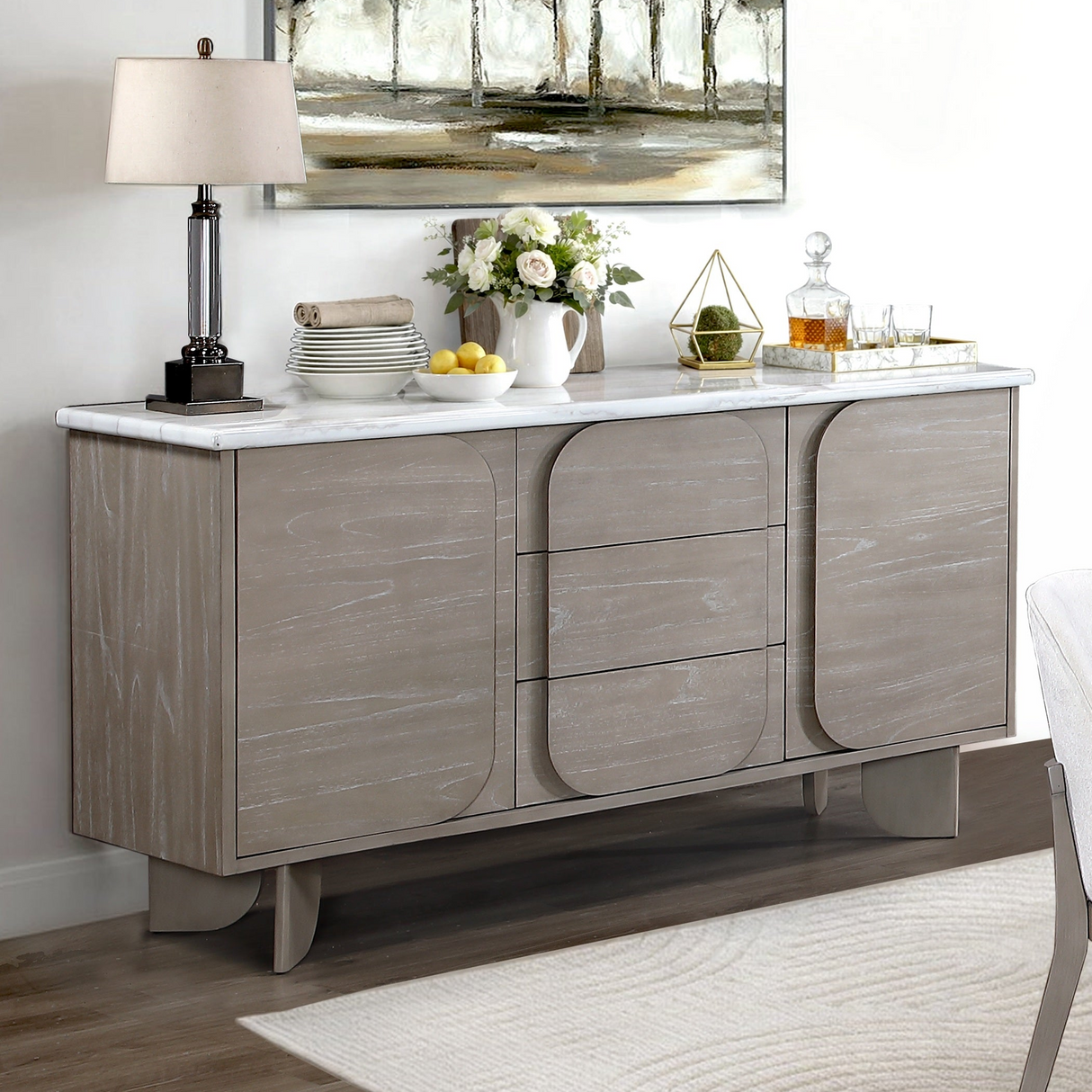 Arielle Taupe Gray Marble-Look Sideboard Buffet Server