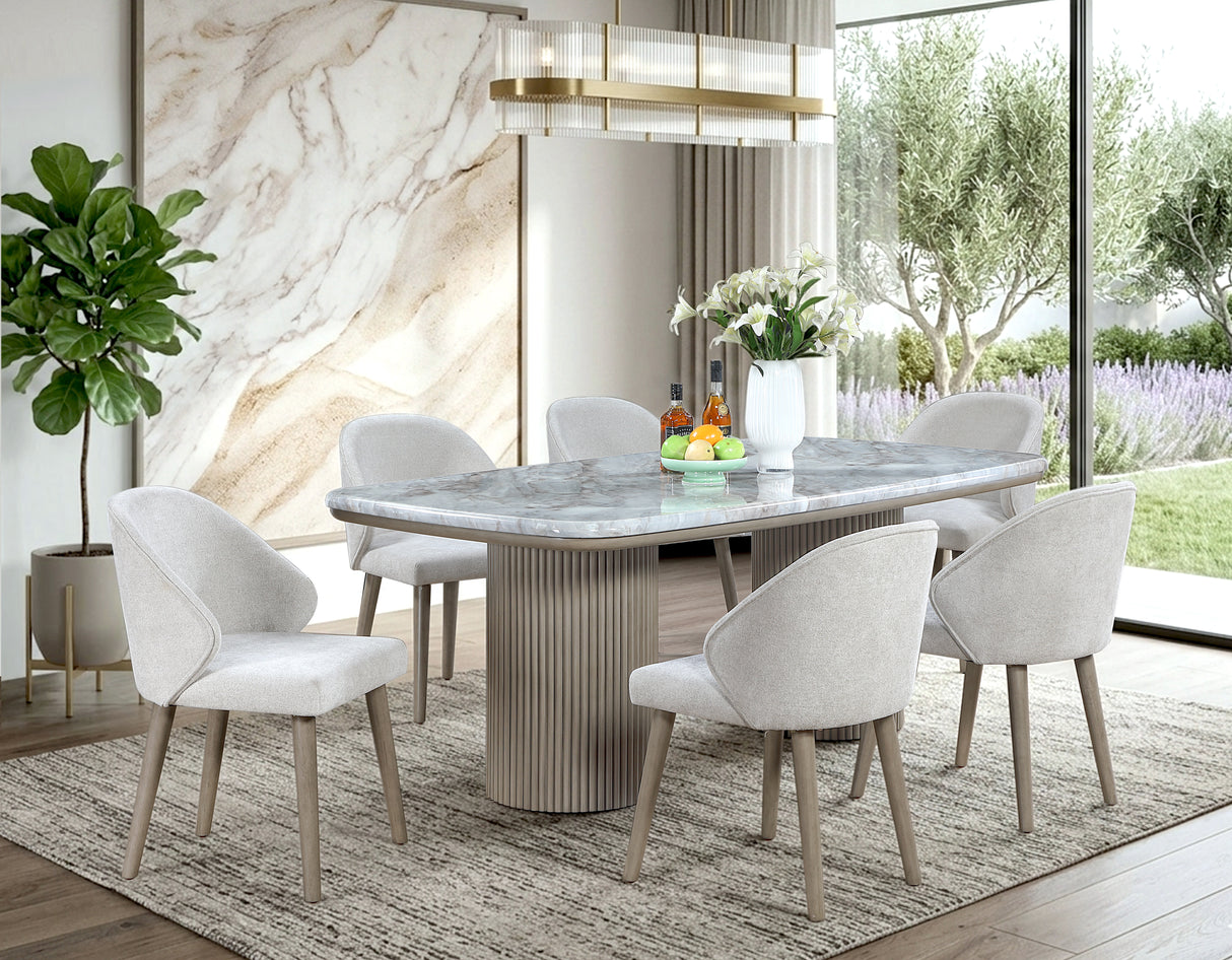Calacatta-Look Marble Top Fluted Pedestal 7-Piece Dining Set