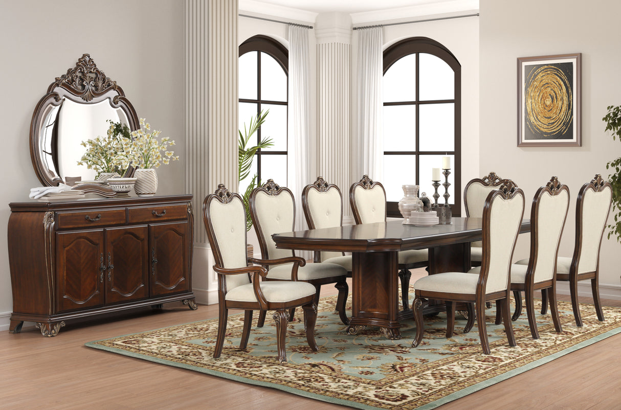 Traditional 9-Piece Dining Room Set with Pedestal Table & Upholstered Chairs (Cherry/Ivory)