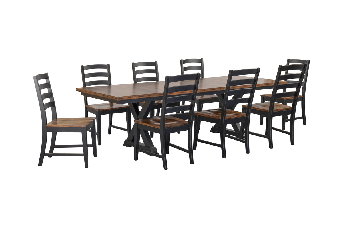 9-Piece Rustic Farmhouse Brown & Black Wood Dining Set with X-Trestle Table & Ladder-Back Chairs