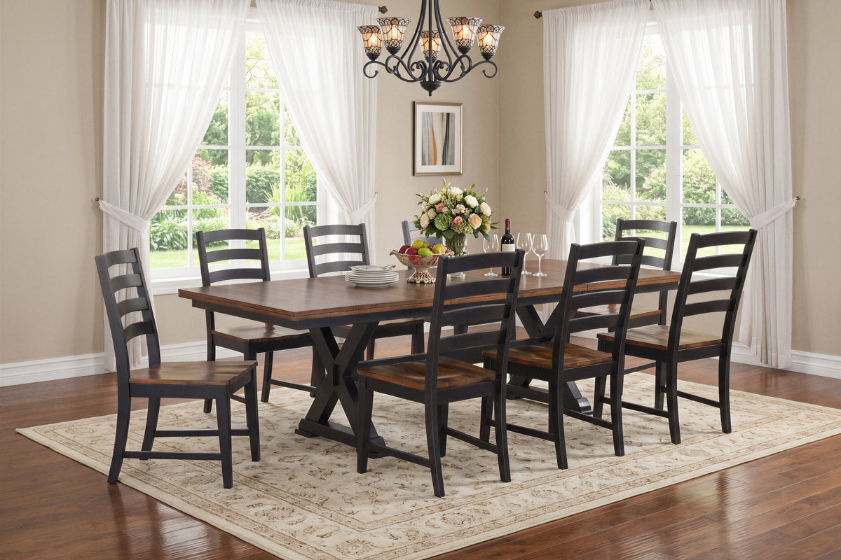 9-Piece Rustic Farmhouse Brown & Black Wood Dining Set with X-Trestle Table & Ladder-Back Chairs