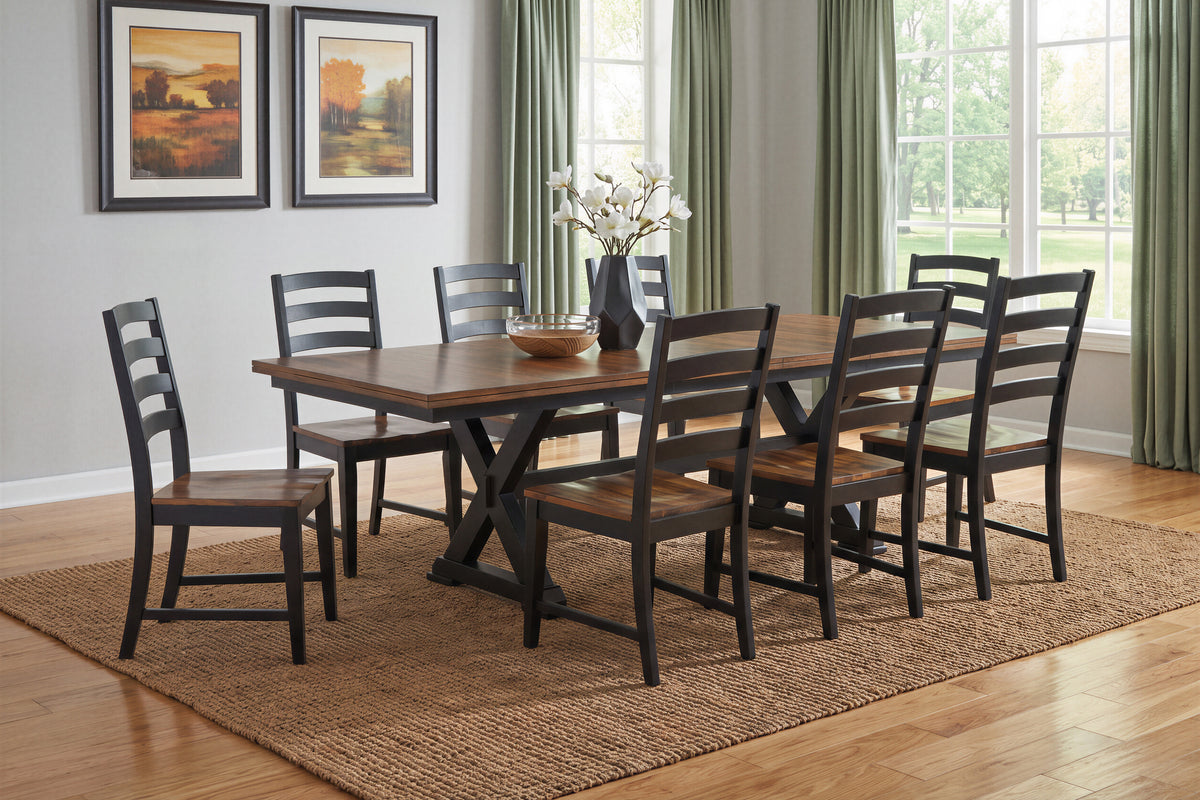 9-Piece Rustic Farmhouse Brown & Black Wood Dining Set with X-Trestle Table & Ladder-Back Chairs