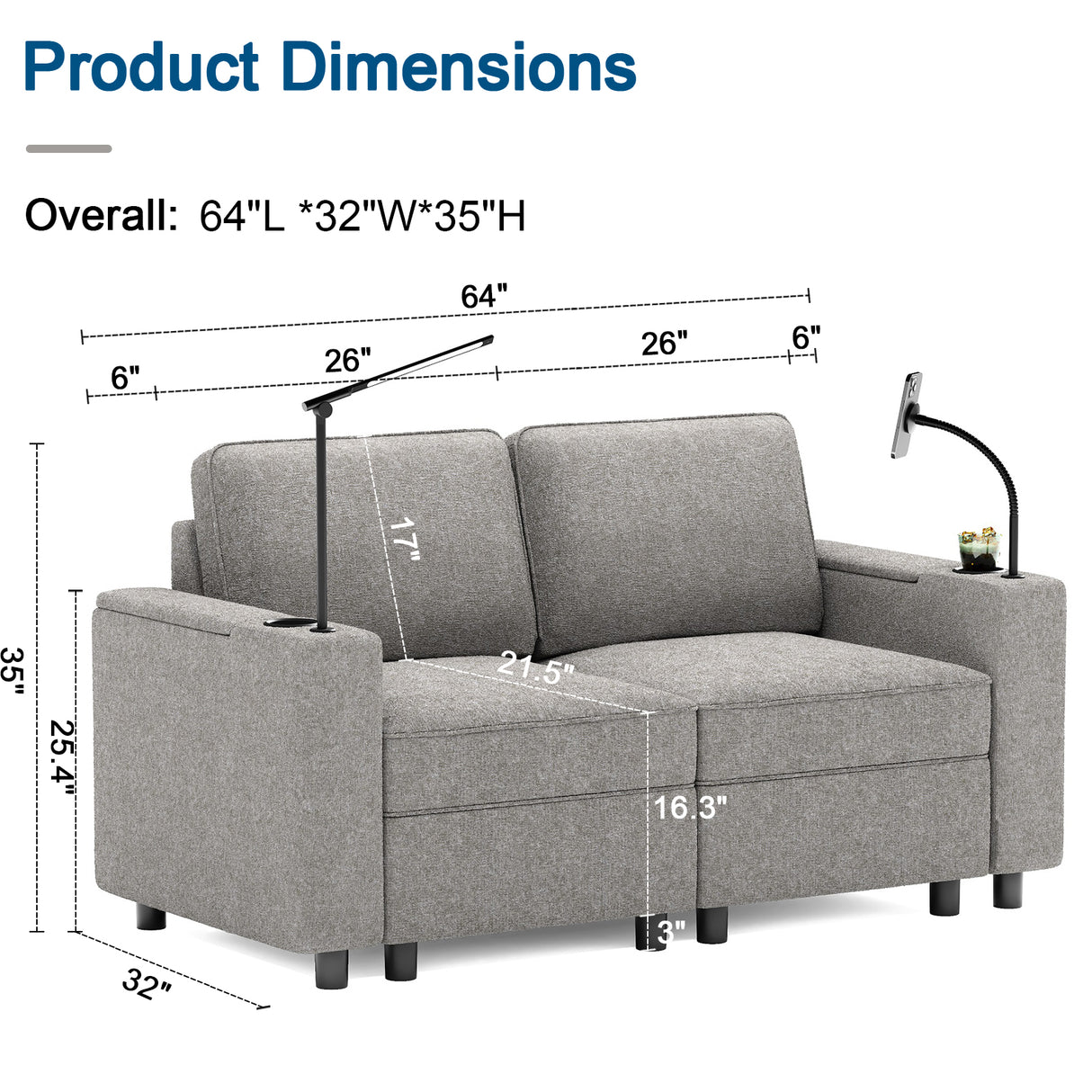 Gray Fabric Loveseat with Built-In Arm Lights, Phone Holder & Modern Compact Design